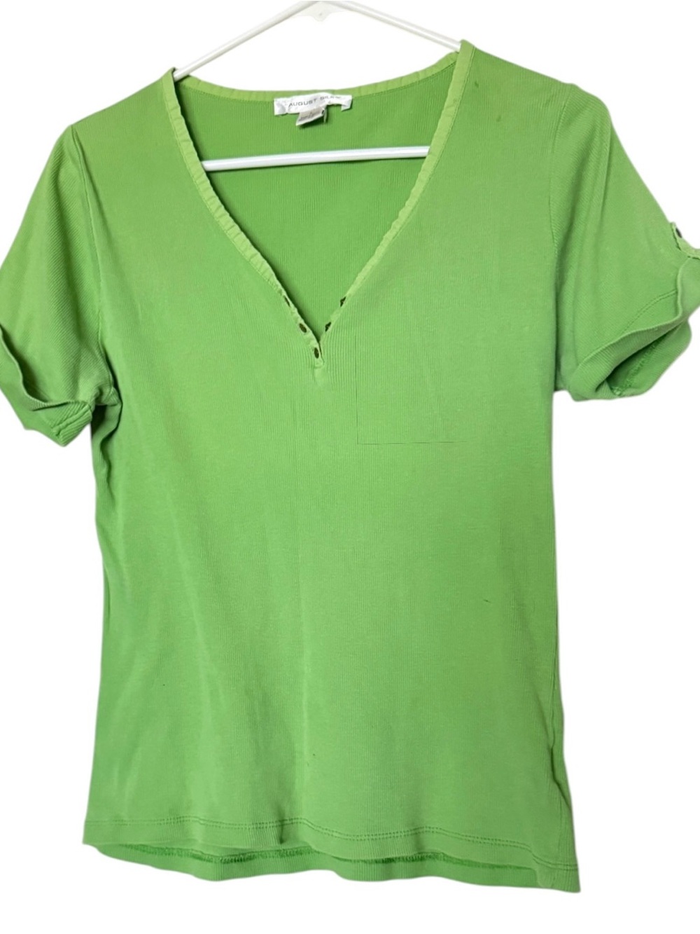 August Silk Lime Green Top Cuff-Sleeve W/Button 100% Cotton Women’s Size L
